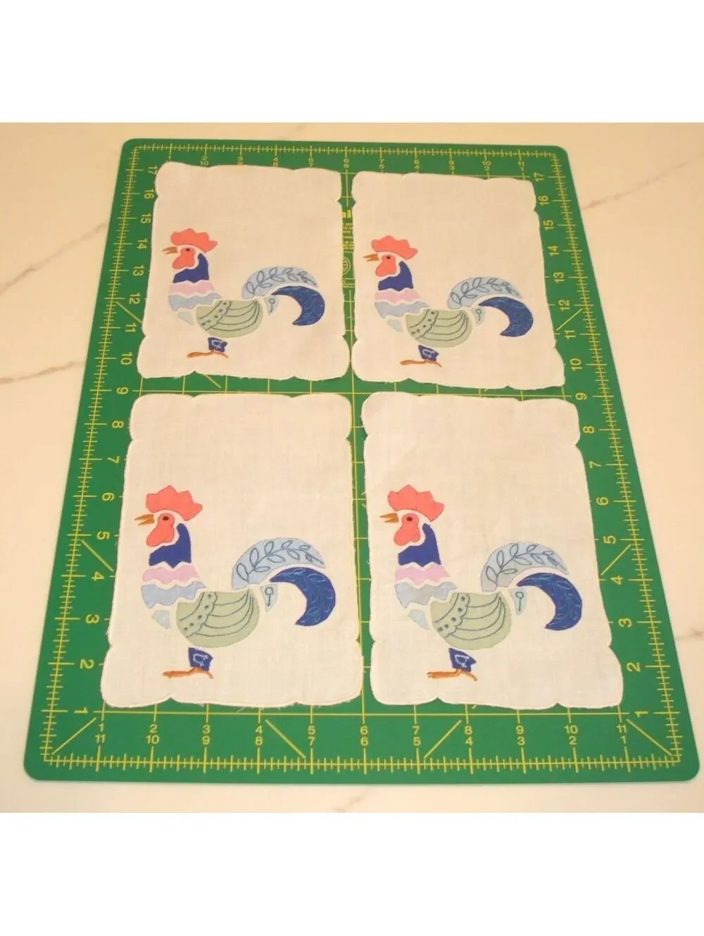 4 MCM Vintage 1950's Rooster Cocktail Madeira Napkins Hand Applique Embroidery